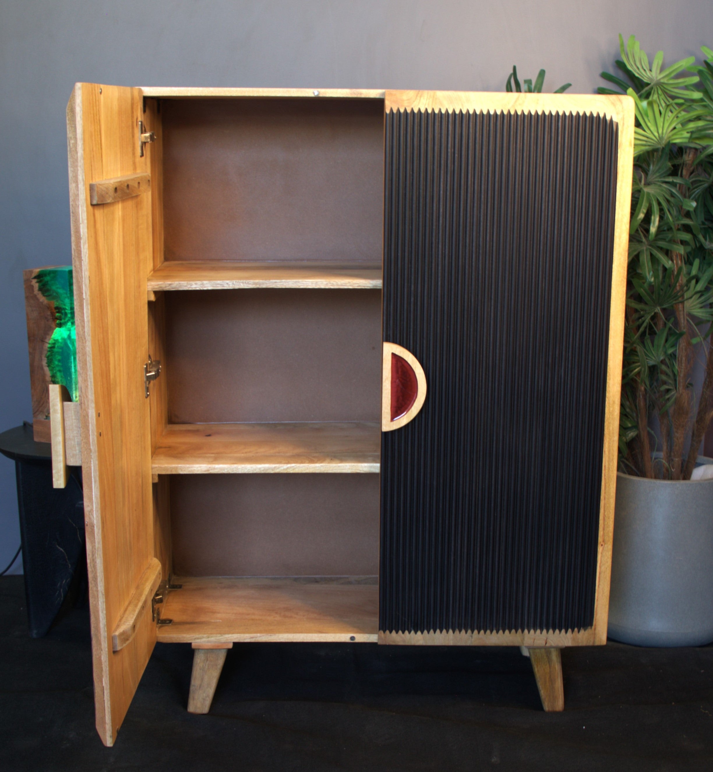 Mango Wood & Epoxy Storage Cabinet – Noir & Burgundy Pearl Accents