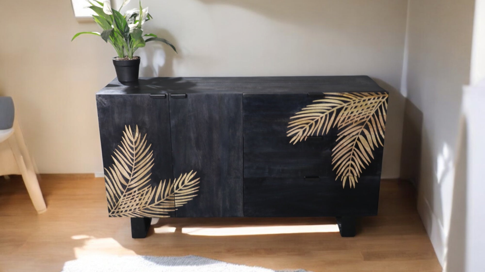 Nature-Inspired Mango Wood Sideboard – Jet Black & Natural Elegance
