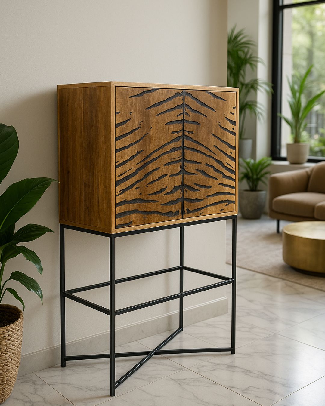 Mango Wood & Epoxy Bar Cabinet – Fiery Tiger Stripes Design