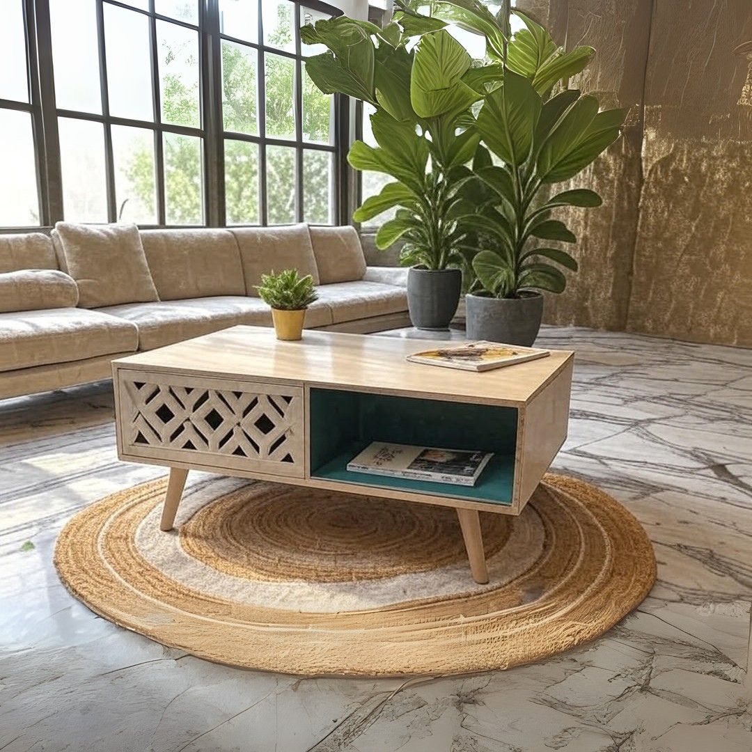 Mango Wood Sandblasted Coffee Table – CNC Intricacy & Timeless Style
