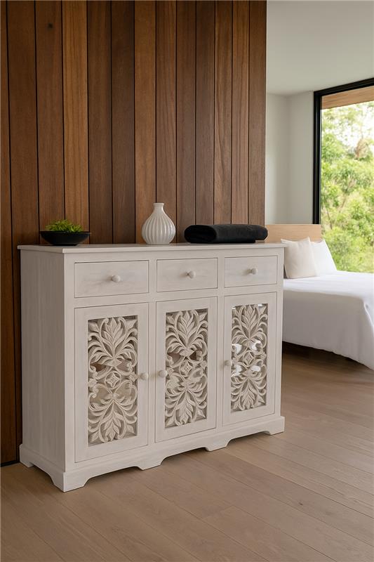 Corbett Side Board (White) – Tropical Elegance – Ample Storage Solution – 47 x 16 x 39 cm