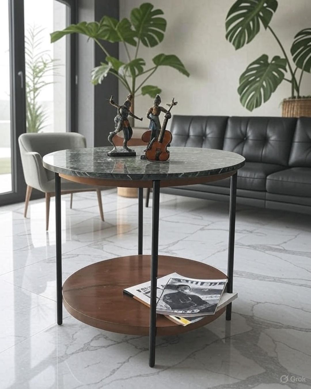 Marble & Metal End Table – Green Marble with Copper Finish