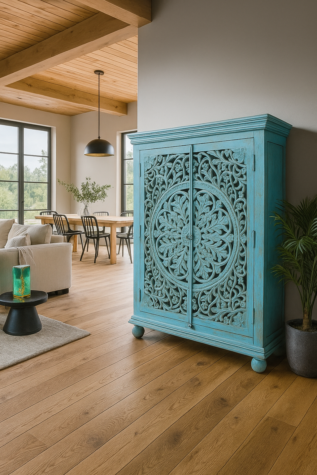 Mango Wood Distressed Cabinet – Artsy Engraving & Paintwork