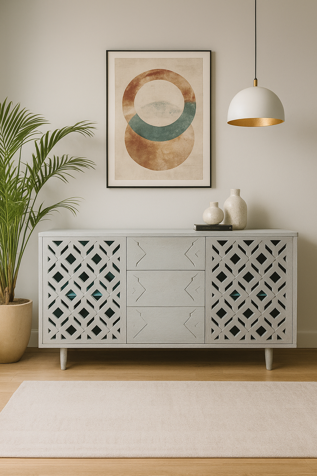 Mango Wood Sandblasted Sideboard – CNC Intricacy & Industrial Elegance