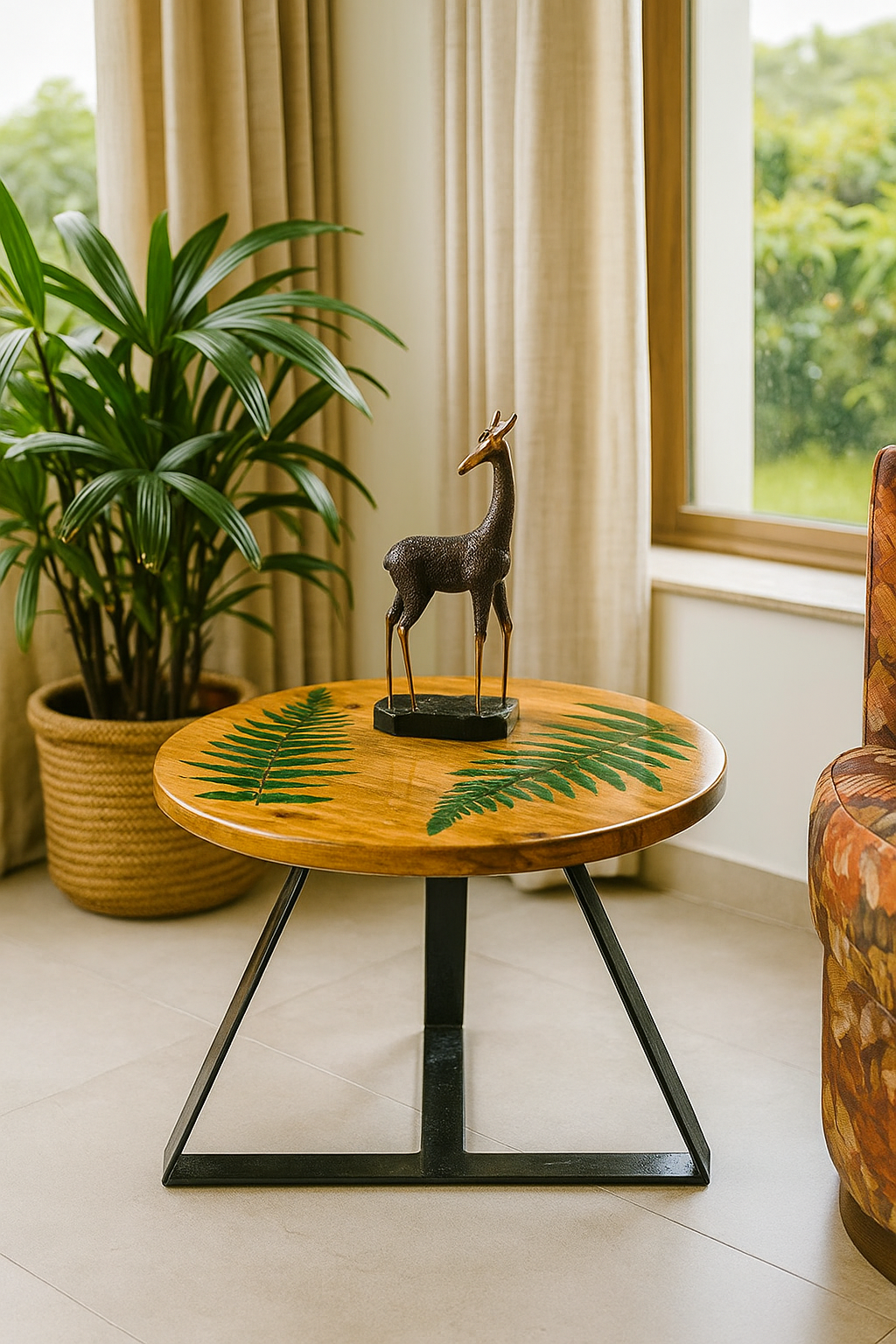 Fern Leaf Mango Wood Side Table – Epoxy & Metal Elegance