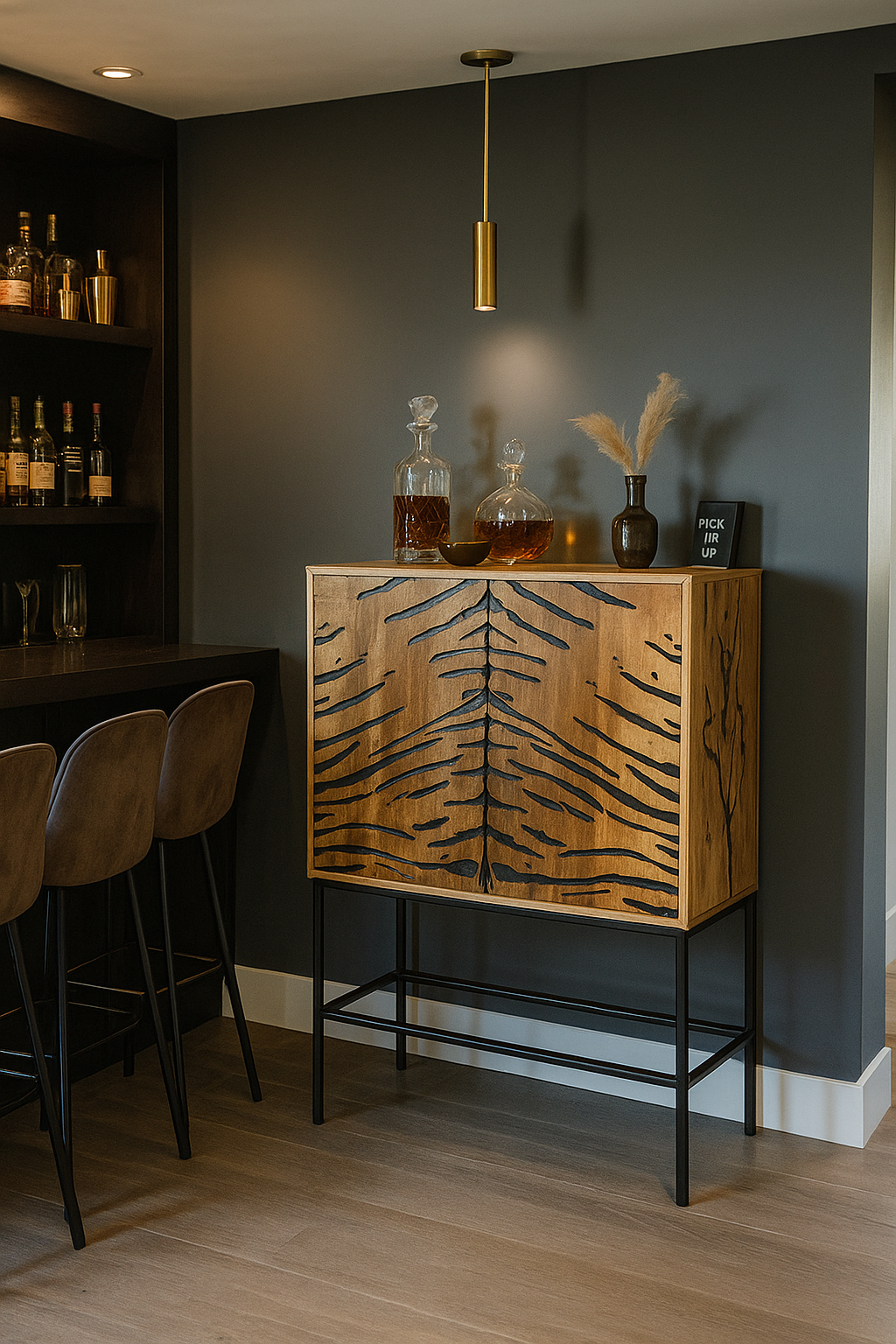 Mango Wood & Epoxy Bar Cabinet – Fiery Tiger Stripes Design