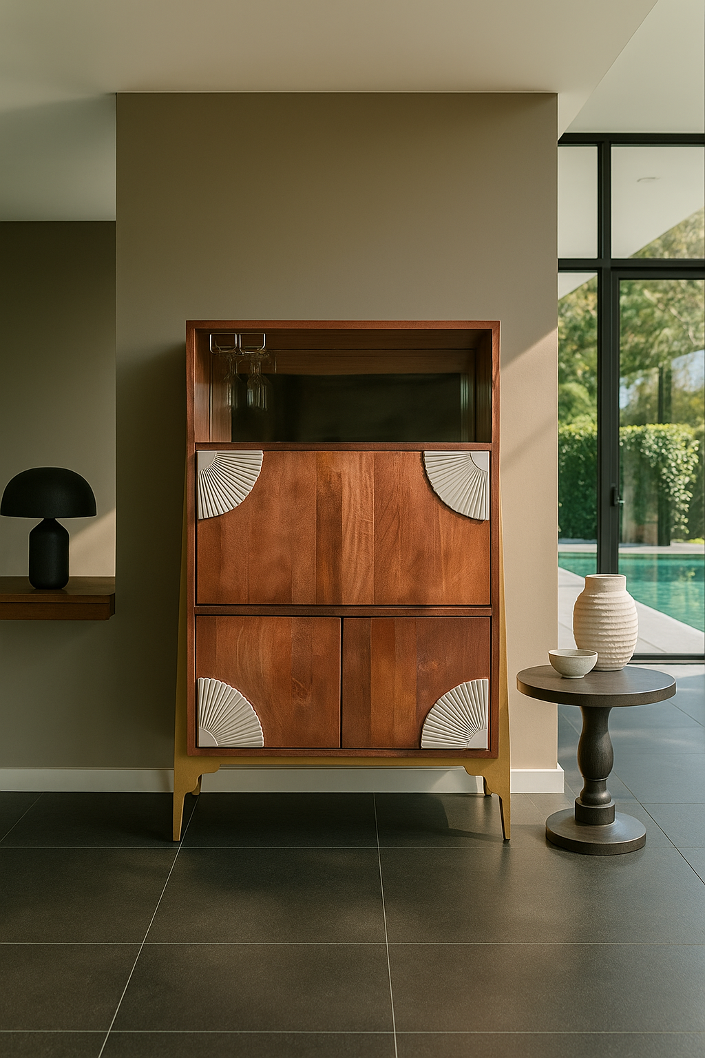 Mango Wood & Metal Bar Cabinet – Mahogany Finish with Silk White Emblems