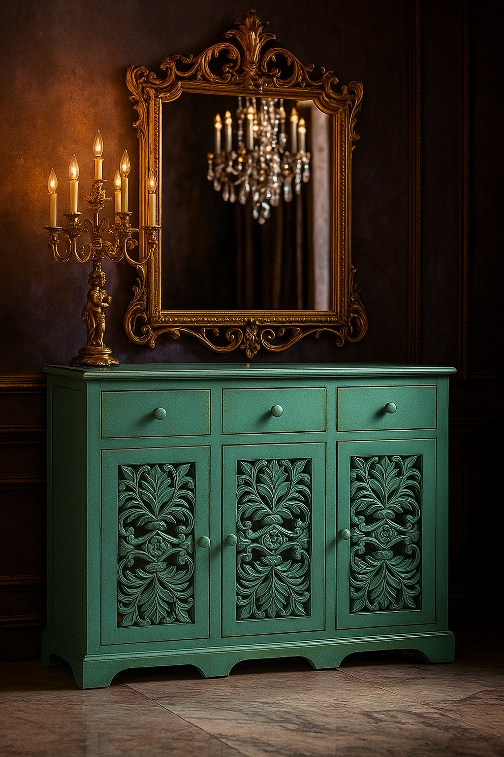 Corbett Side Board (Green) – Functional Artistry – Elegant Storage Solution – 47 x 16 x 39 cm