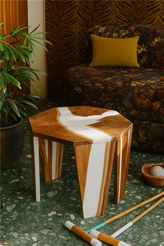 Acacia Wood & Epoxy End Table – Beige to Opaque White Transition