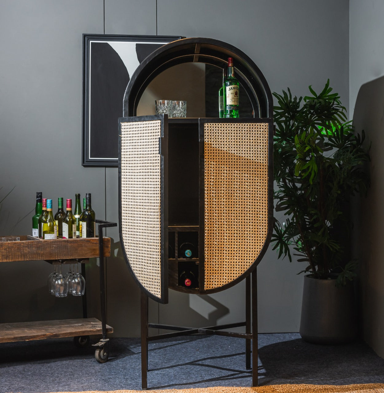 Oval Metal Canning Bar Cabinet (Black) – Sleek Storage Solution – Organized Design – 71x43x168