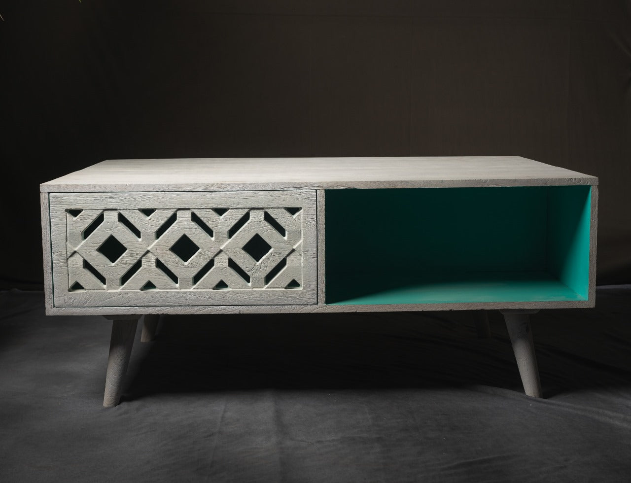 Mango Wood Sandblasted Coffee Table – CNC Intricacy & Timeless Style
