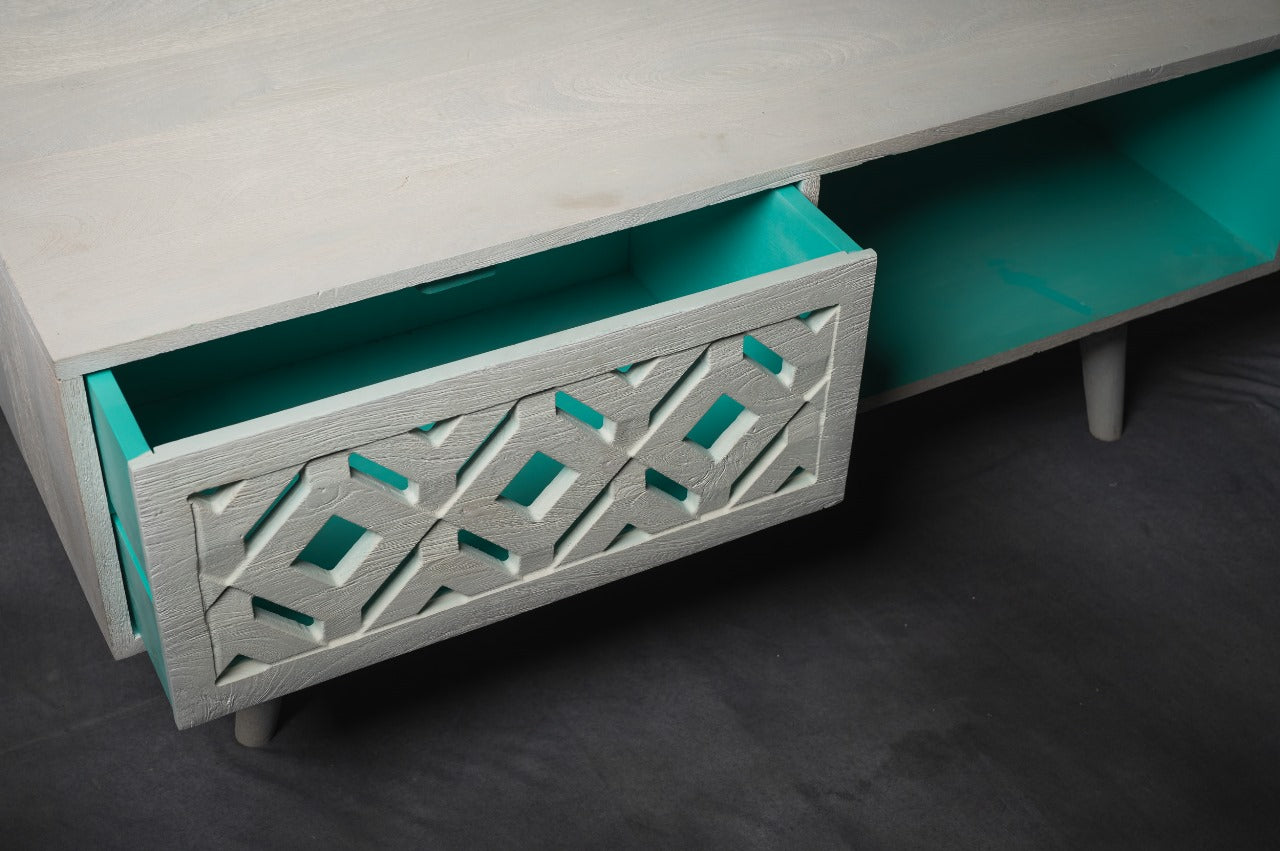 Mango Wood Sandblasted Coffee Table – CNC Intricacy & Timeless Style