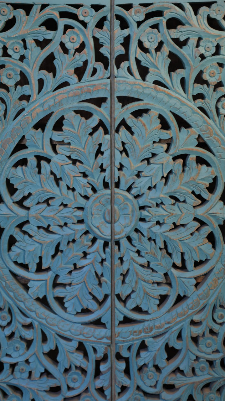 Mango Wood Distressed Cabinet – Artsy Engraving & Paintwork