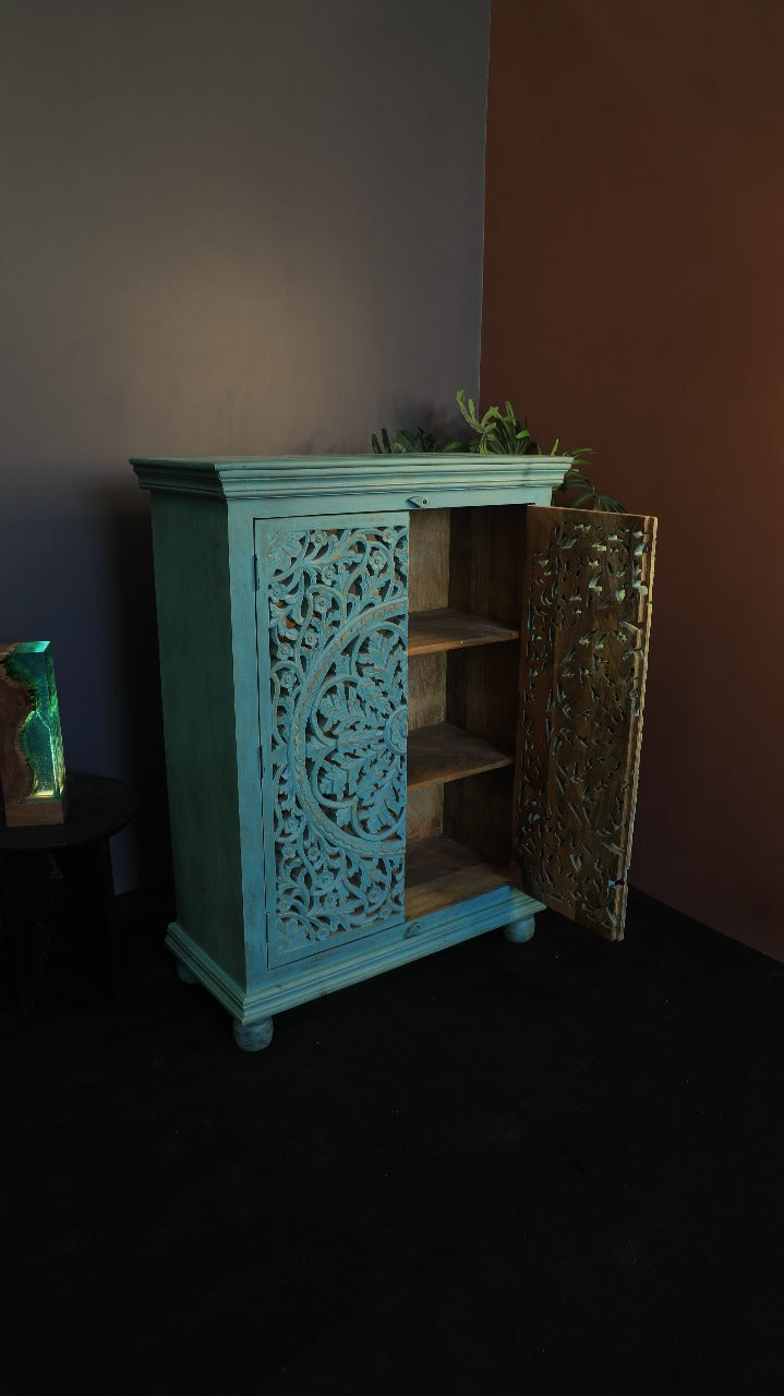 Mango Wood Distressed Cabinet – Artsy Engraving & Paintwork