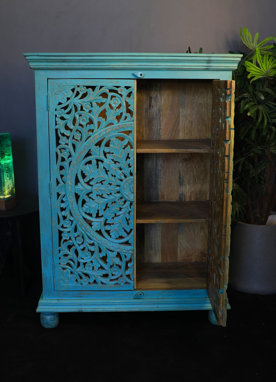 Mango Wood Distressed Cabinet – Artsy Engraving & Paintwork