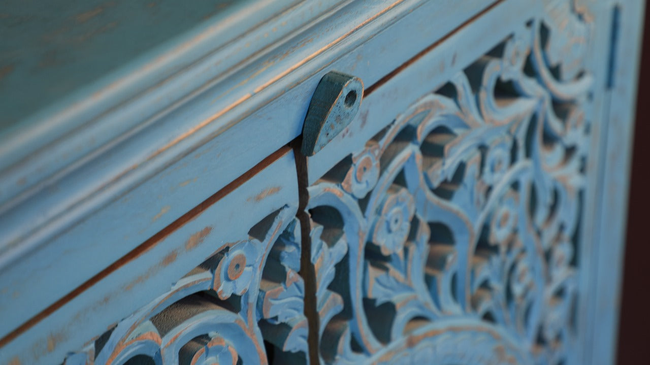 Mango Wood Distressed Cabinet – Artsy Engraving & Paintwork