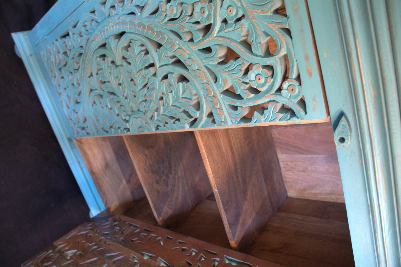 Mango Wood Distressed Cabinet – Artsy Engraving & Paintwork