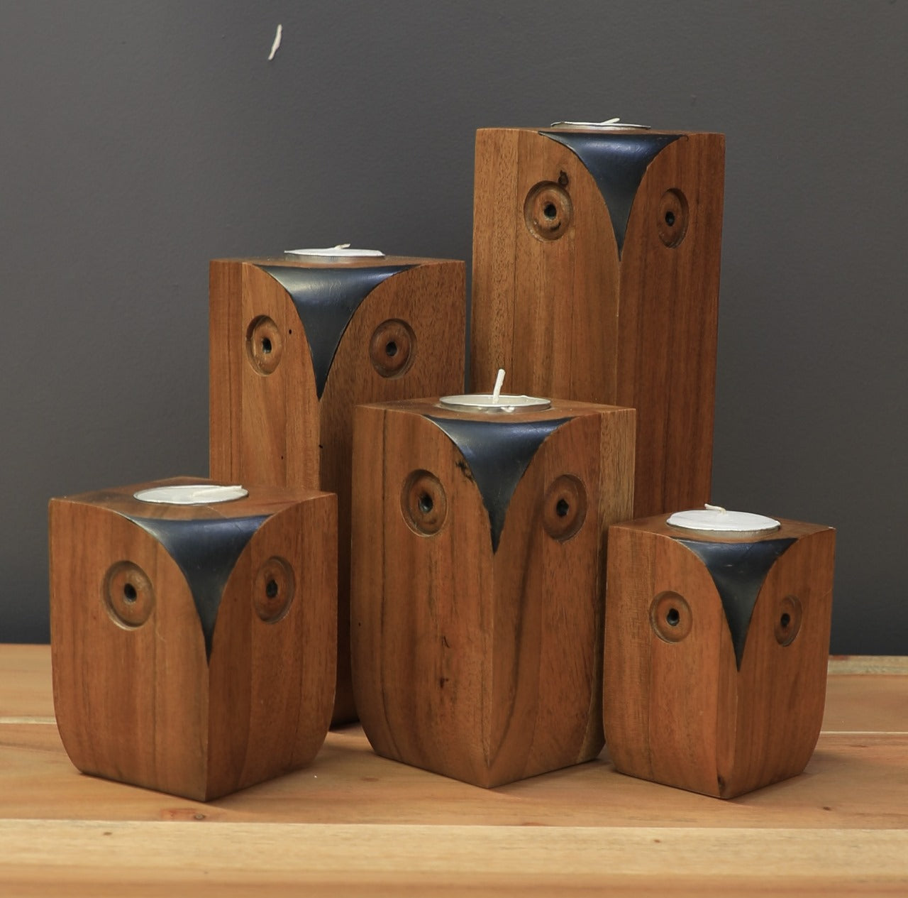 Set of Wooden Owl Candle Holders