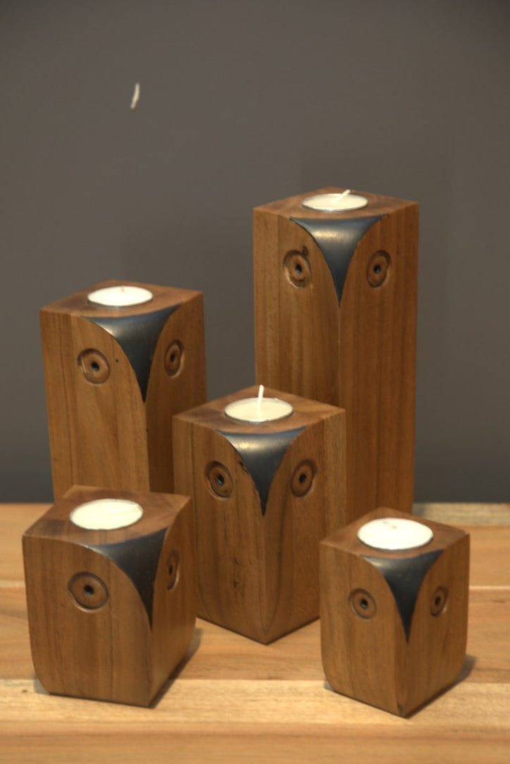 Set of Wooden Owl Candle Holders