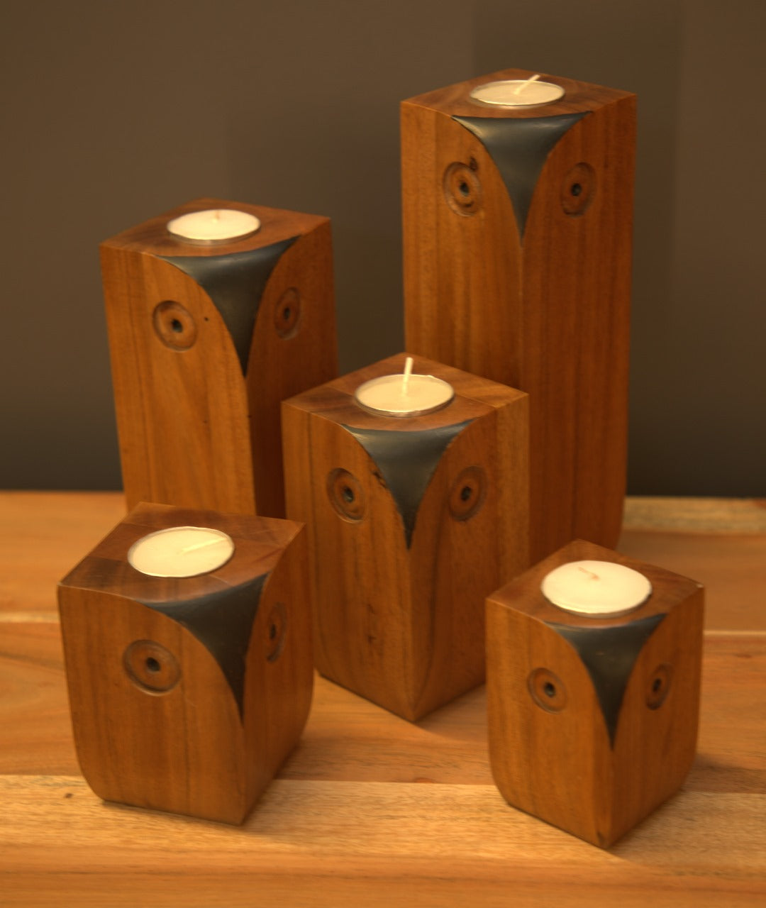 Set of Wooden Owl Candle Holders