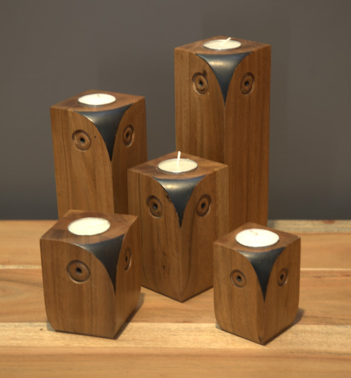 Set of Wooden Owl Candle Holders