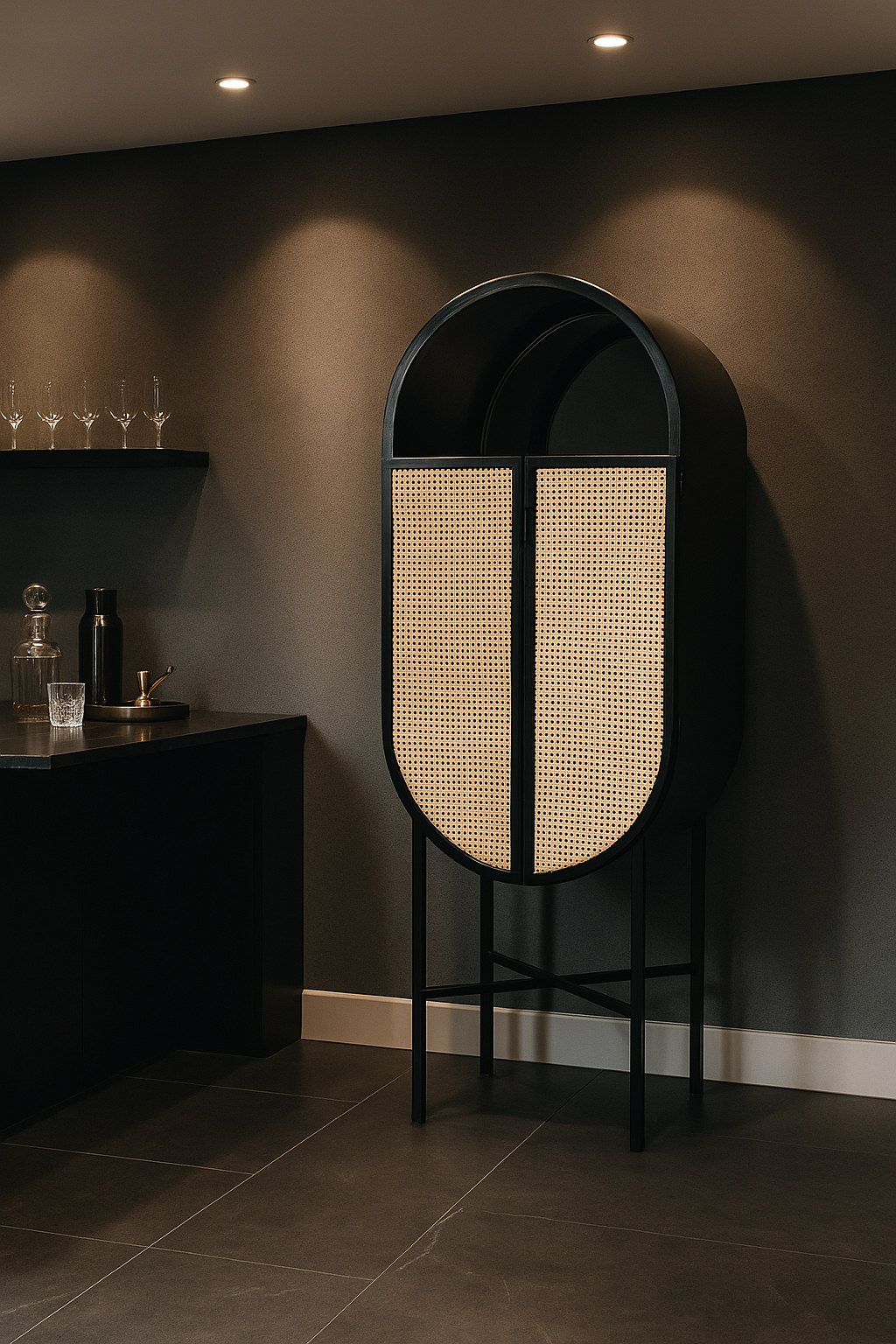 Oval Metal Canning Bar Cabinet (Black) – Sleek Storage Solution – Organized Design – 71x43x168