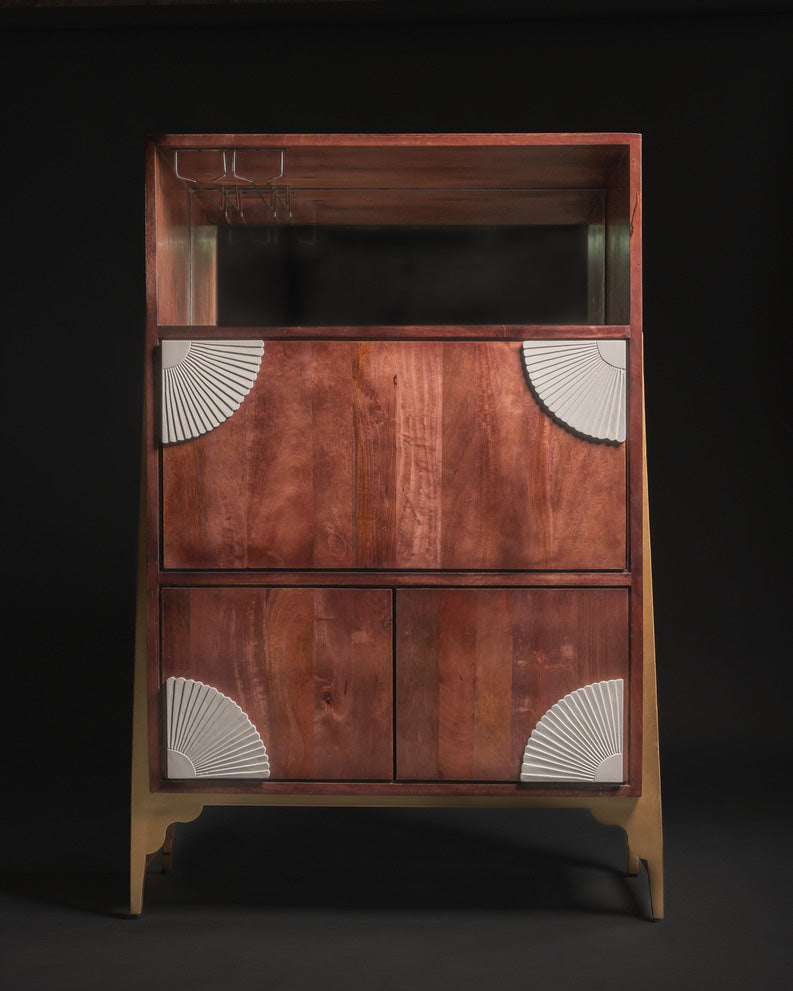 Mango Wood & Metal Bar Cabinet – Mahogany Finish with Silk White Emblems