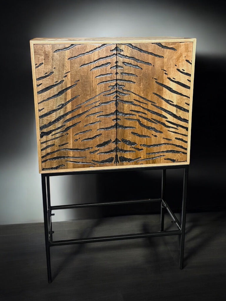 Mango Wood & Epoxy Bar Cabinet – Fiery Tiger Stripes Design
