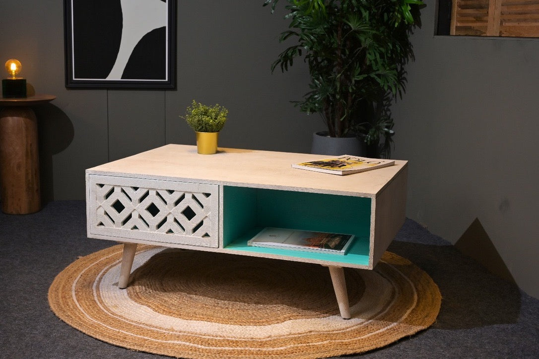 Mango Wood Sandblasted Coffee Table – CNC Intricacy & Timeless Style