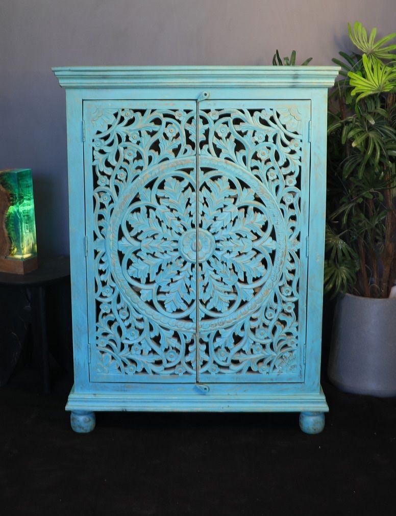 Mango Wood Distressed Cabinet – Artsy Engraving & Paintwork