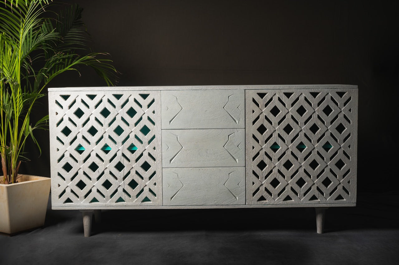 Mango Wood Sandblasted Sideboard – CNC Intricacy & Industrial Elegance