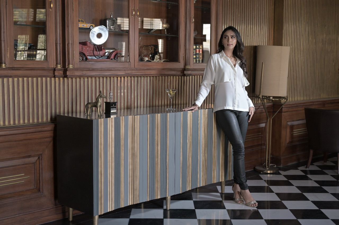 Elegance Redefined: Modern Mangowood Sideboard with Ample Storage in Gray and Gold Finish