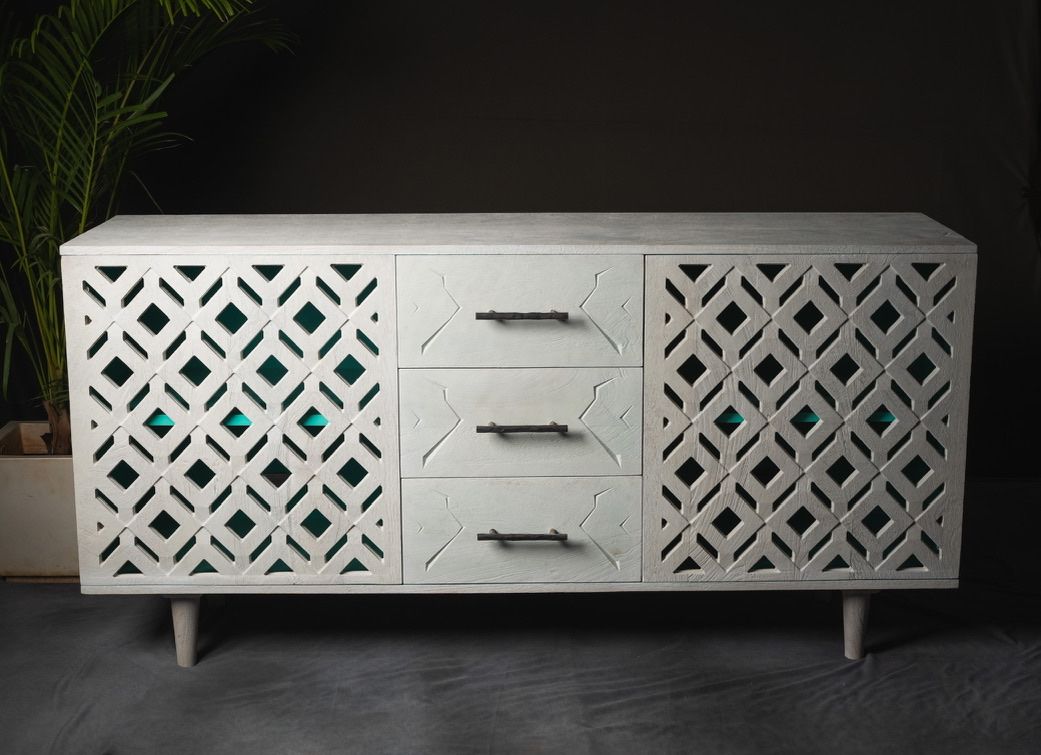 Mango Wood Sandblasted Sideboard – CNC Intricacy & Industrial Elegance