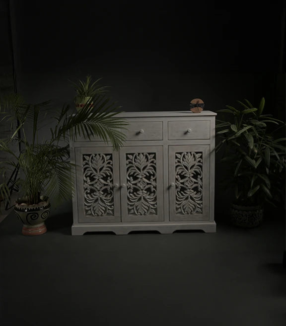 Corbett Side Board (White) – Tropical Elegance – Ample Storage Solution – 47 x 16 x 39 cm