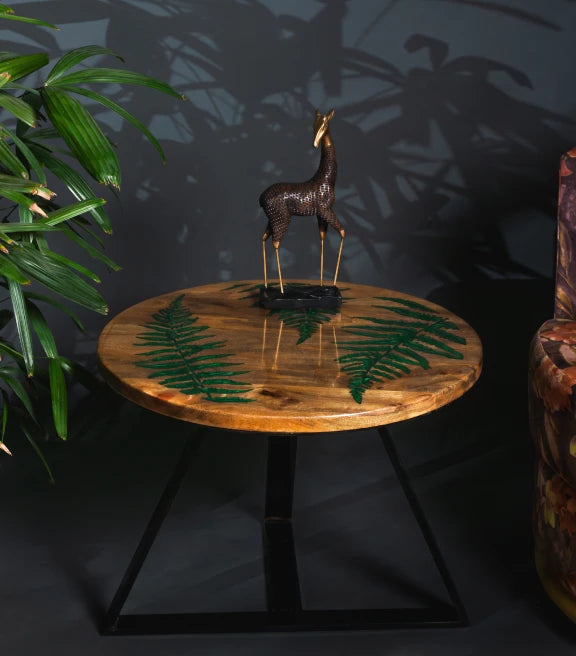 Fern Leaf Mango Wood Side Table – Epoxy & Metal Elegance