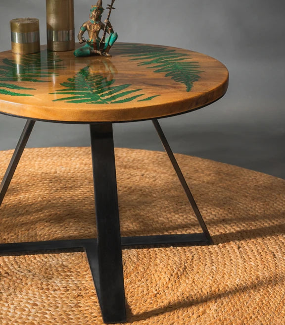 Fern Leaf Mango Wood Side Table – Epoxy & Metal Elegance