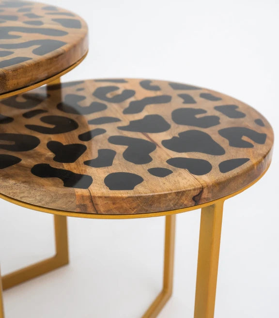 Leopard Print Mango Wood Side Table – Epoxy & Metal Elegance