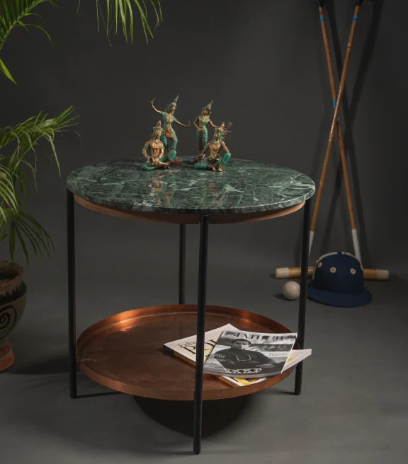 Marble & Metal End Table – Green Marble with Copper Finish