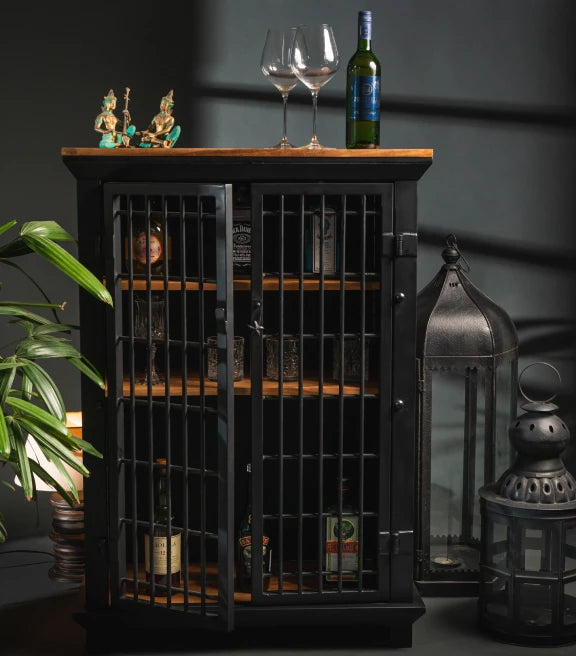 Acacia Wood & Iron Bar Cabinet – Industrial Contemporary