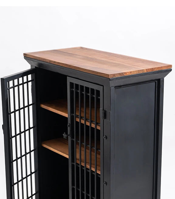 Acacia Wood & Iron Bar Cabinet – Industrial Contemporary