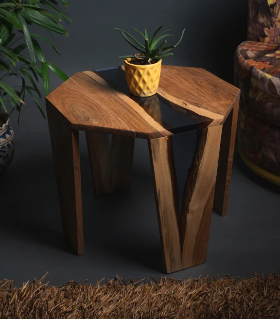 Acacia Wood & Epoxy End Table – Warm Wood with Tinted Black Epoxy