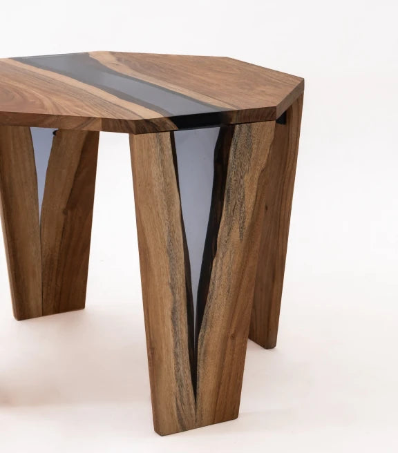 Acacia Wood & Epoxy End Table – Warm Wood with Tinted Black Epoxy