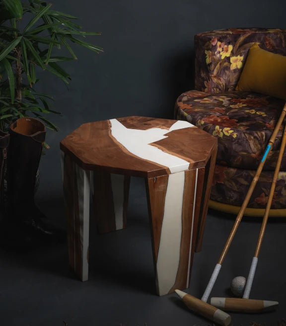 Acacia Wood & Epoxy End Table – Beige to Opaque White Transition