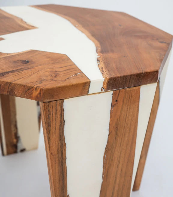 Acacia Wood & Epoxy End Table – Beige to Opaque White Transition