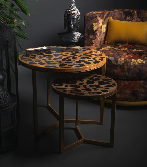 Leopard Print Mango Wood Side Table – Epoxy & Metal Elegance